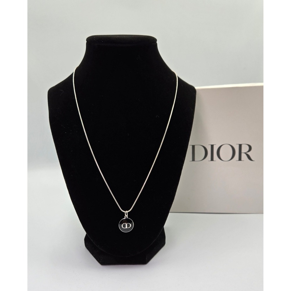 Christian Dior CD Logo Charm Necklace Silver Tone Black‎ Enamel